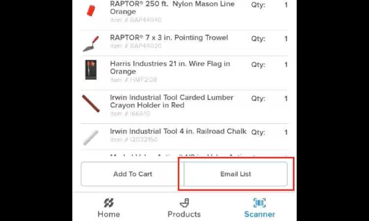 View of scanned items with the Email List button outlined in red.